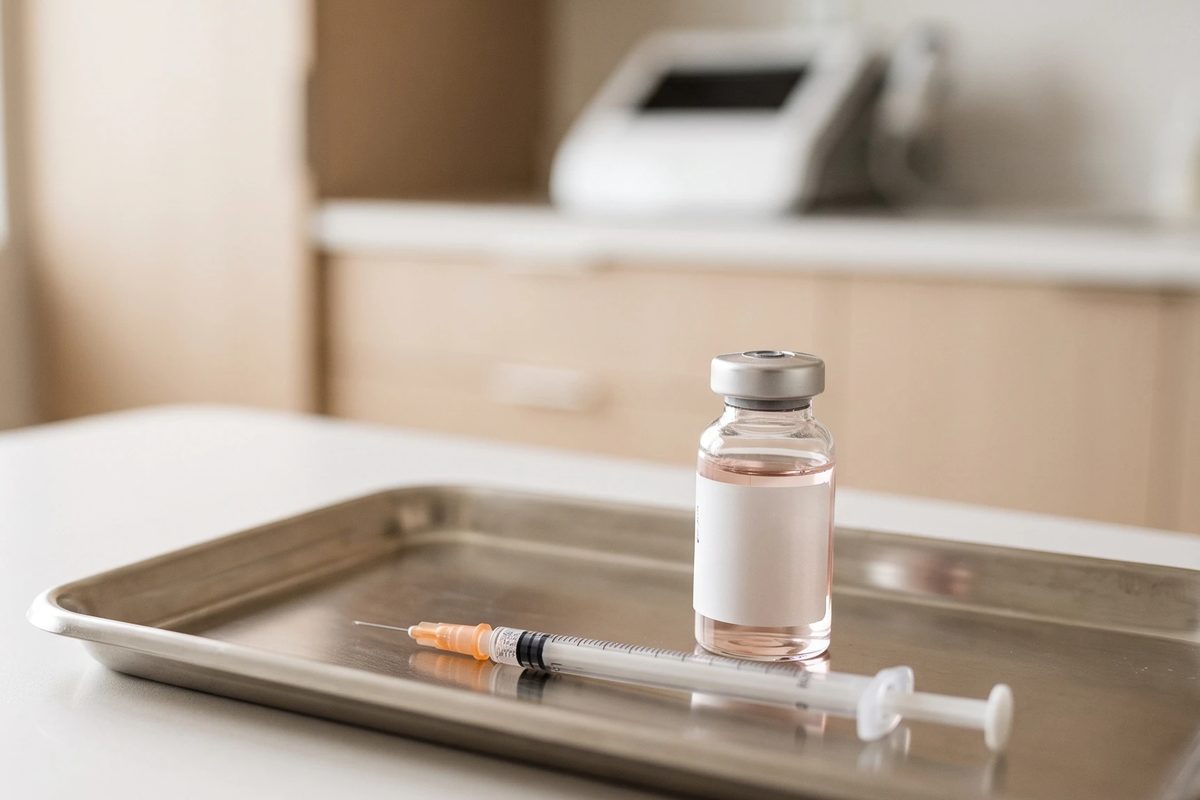 Polynukleotide-Fläschchen und Spritze auf dem Behandlungstablett für die Lachssperma-Behandlung in Würzburg