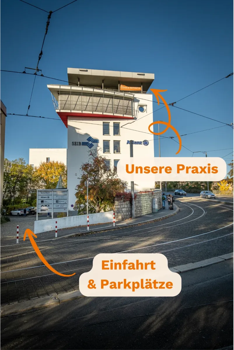 Beschriftete Außenansicht des Seib-Gebäudes am Berliner Platz 9 in Würzburg mit Lage der Praxis im 6. Stock sowie Einfahrt und Parkplätzen